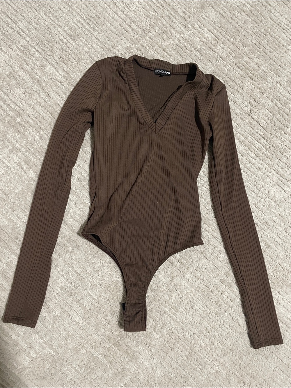 Fashion Nova Brown Ribbed V-Neck Long Sleeve One-Piece Bodysuit